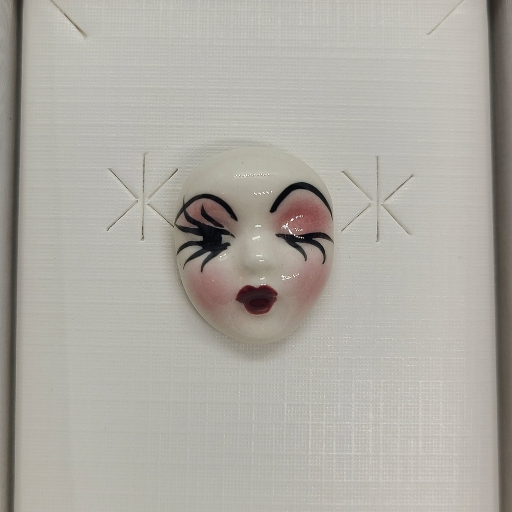 Vintage Fancy Faces Brooch Pin Handpainted Porcelain Mask Wink